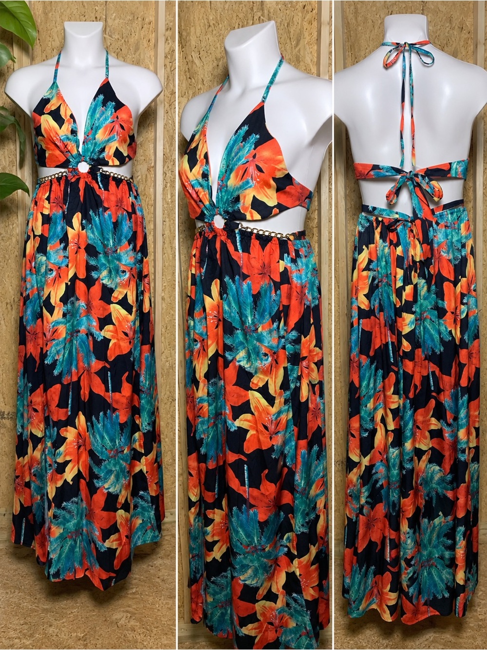 Tropical Halter Cutout Maxi Dress with Floral Print